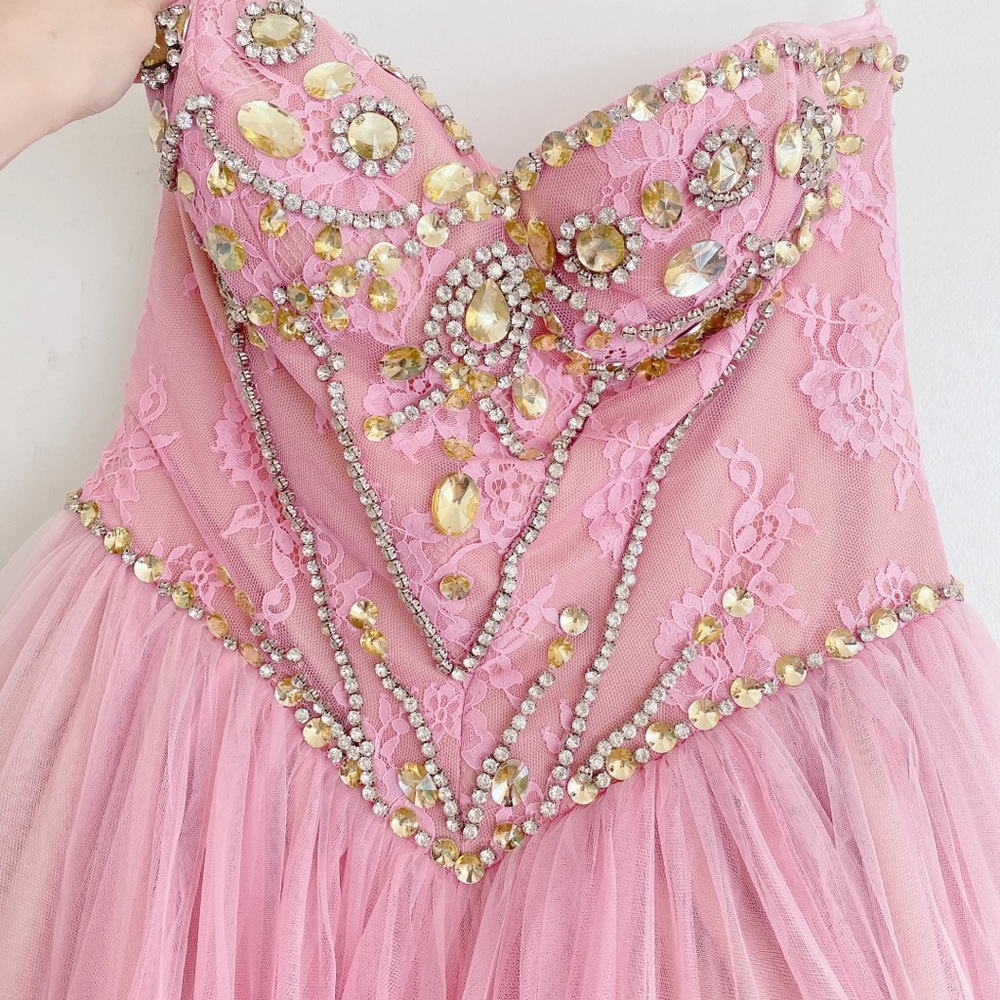 PINK BLUSH SOFT CRYSTAL LACE SHERRI HILL PRINCESS WEDDING PROM BALLGOWN SIZE 12 - Picture 4 of 16